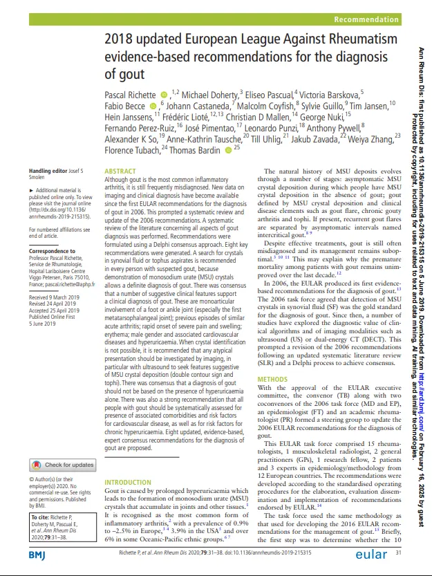 2018 updated European League Against Rheumatism evidence-based recommendations for the diagnosis of gout