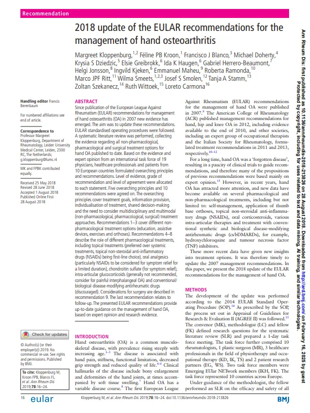 2018 update of the EULAR recommendations for the management of hand osteoarthritis