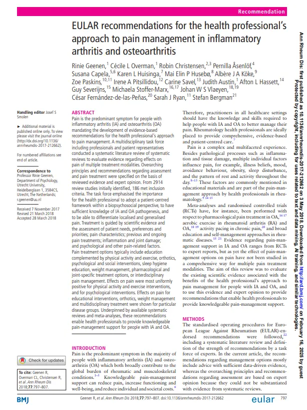 EULAR recommendations for the health professional’s approach to pain management in inflammatory arthritis and osteoarthritis