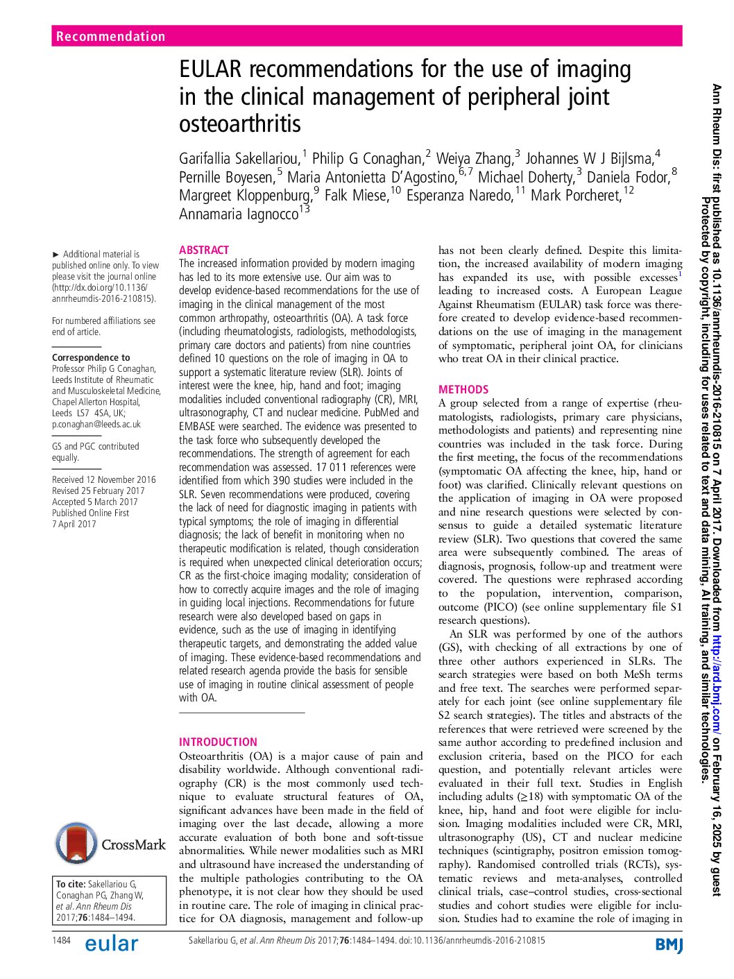 EULAR recommendations for the use of imaging in the clinical management of peripheral joint osteoarthritis