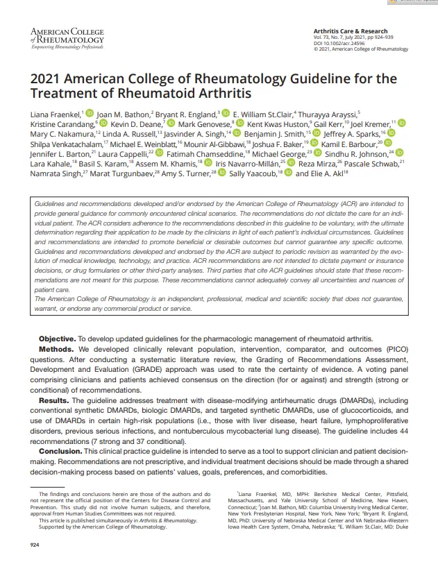 2021 American College of Rheumatology Guideline for the Treatment of Rheumatoid Arthritis
