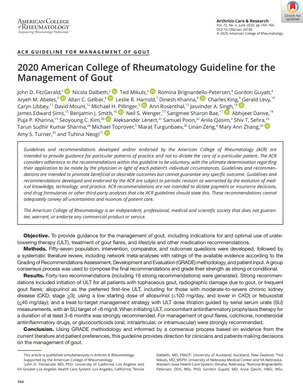 2020 American College of Rheumatology Guideline for the Management of Gout