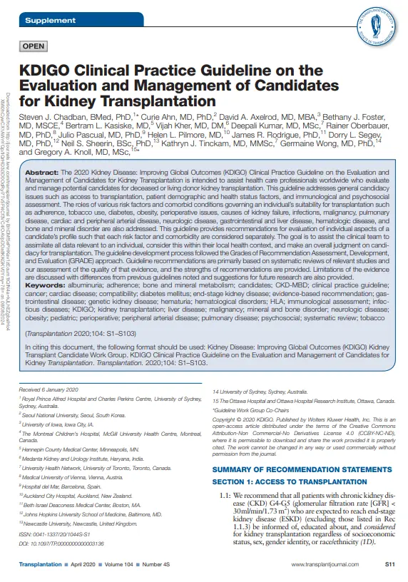 KDIGO Clinical Practice Guideline on the Transplantation