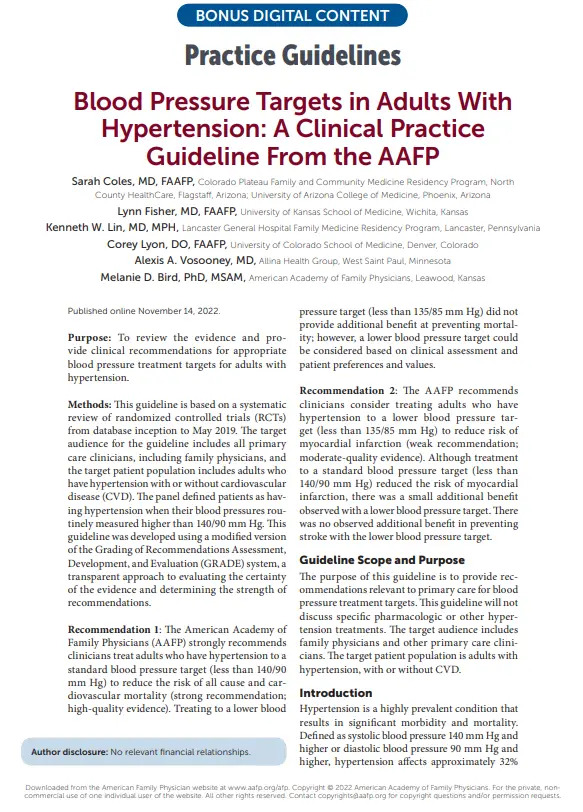 AAFP HypertensionGuideline blood pressure targets 2023-2024